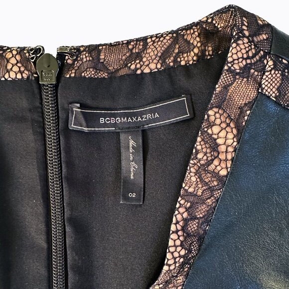 BCBGMaxAzria Dress Sz2 Black Faux Leather Pleated Brown Lace V-Neck 90s Goth Y2K - Picture 6 of 8